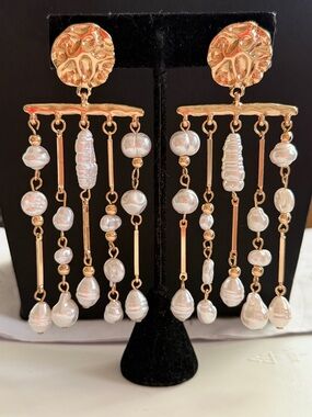 Gold tone faux Pearl Fringe Drop Earrings - Lux Statement Jewelry